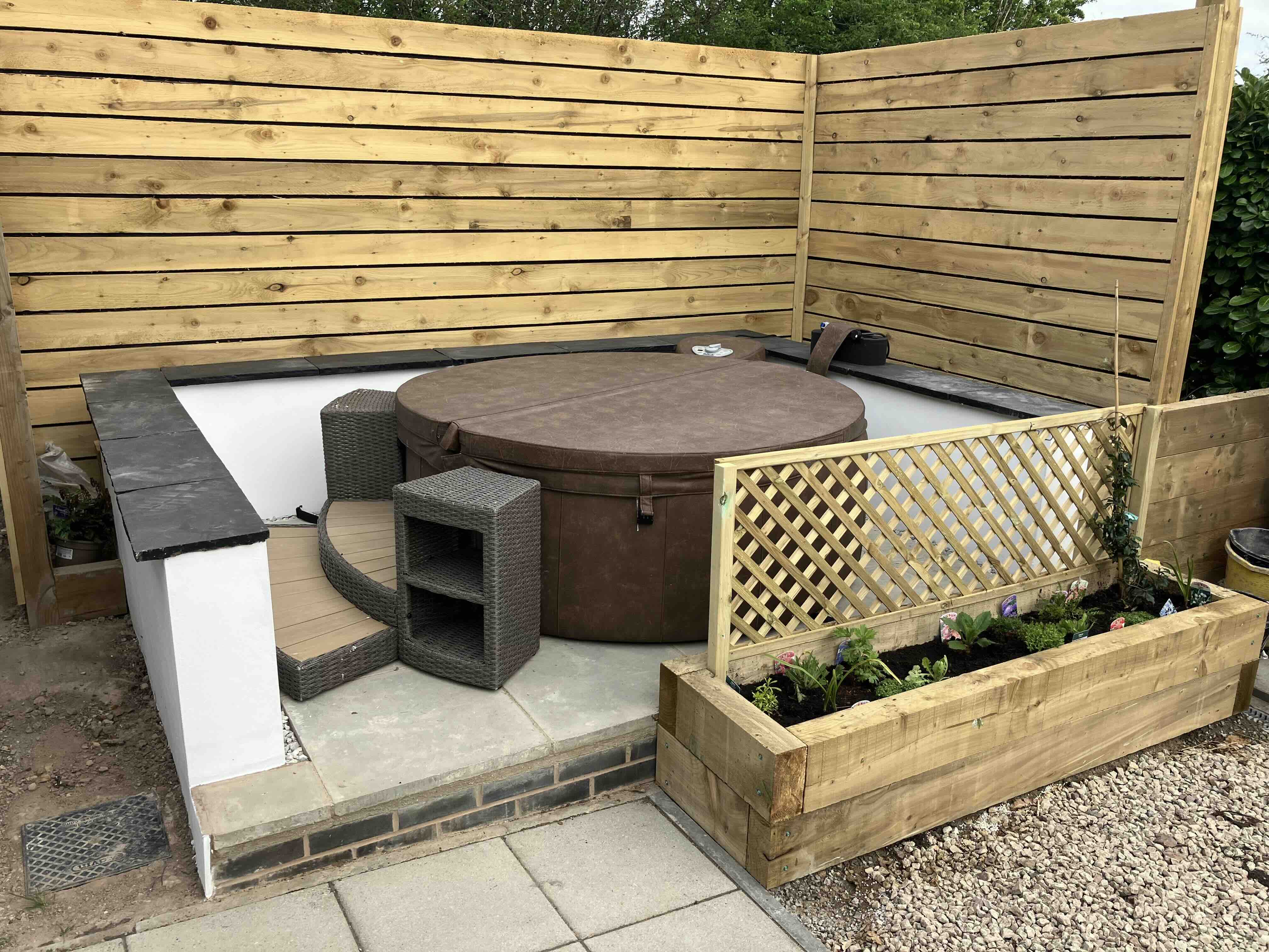 Outdoor hot tub area at Oldwyche Barns